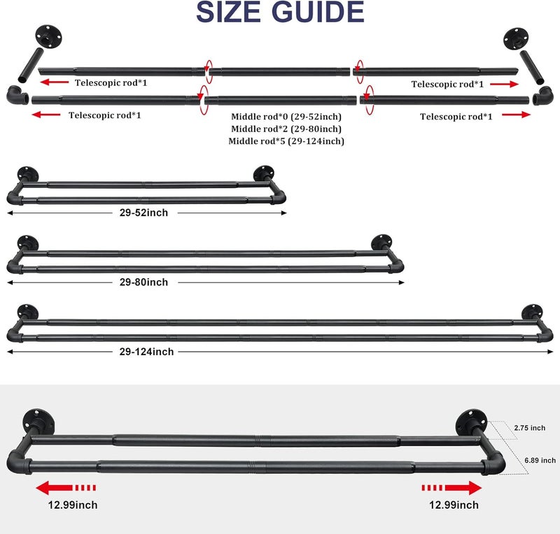 Keplrend Double Curtain Rod 72-144, Heavy Duty Blackout Double Curtain Rods for Windows 66 to 120 inch, Industrial Wrap Around Black Curtain Rods for Drapes and Curtains, Telescoping Adjustable - Image 4